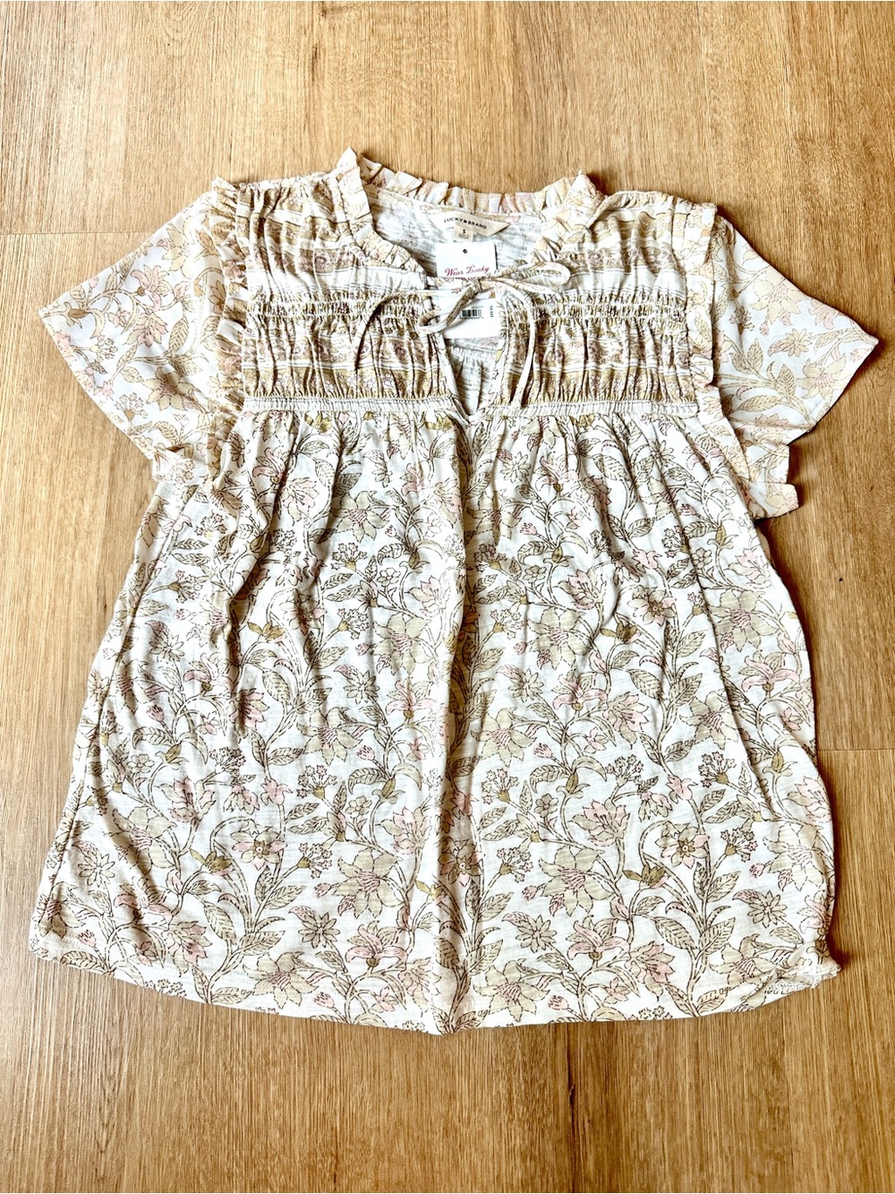 Lucky Brand Cream Floral Smocked Short Sleeve Blouse